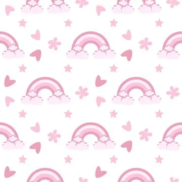 Vector seamless pattern with rainbow and hearts in pink 스톡 일러스트