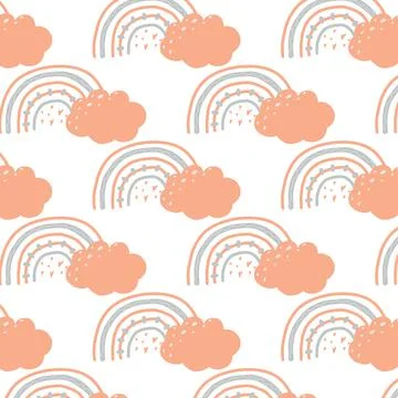 Vector seamless pattern with rainbow and cloud . Stock Illustration