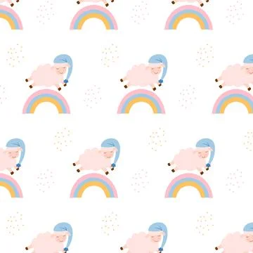 Vector seamless pattern with rainbow and sheep. Stock Illustration