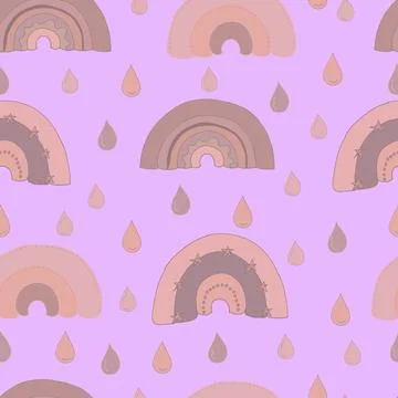 Vector seamless pattern of rainbow and drops in dusty pink and beige tones. T Stock Illustration