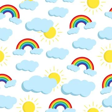 Vector seamless pattern with rainbow, clouds and sun. Illustrazione stock