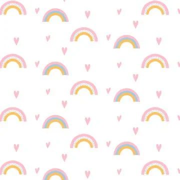Vector seamless pattern with rainbows and hearts. Stock Illustration