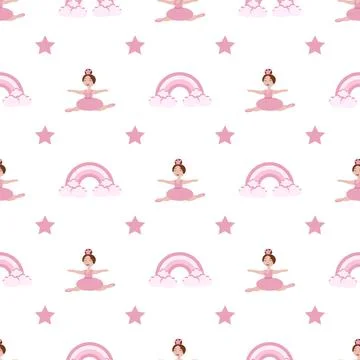 Vector seamless pattern with rainbows, stars and ballerinas in pink Stock Illustration