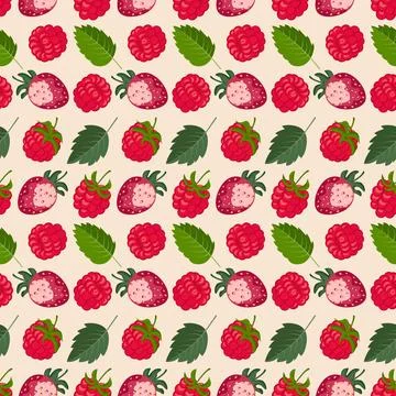 Vector seamless pattern with raspberry, strawberry. Summer background, wallpaper Stock Illustration