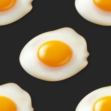 Vector Seamless Pattern with Realistic Fried Egg, Omelet on a Black Background Stock Illustration