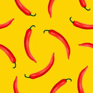 Vector seamless pattern with realistic red hot natural chili peppers on a yellow Illustrazione stock
