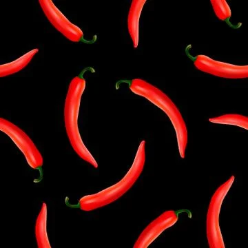Vector seamless pattern with realistic red hot natural chili peppers on a black Stock-Illustration