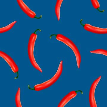 Vector seamless pattern with realistic red hot natural chili peppers on a blue 스톡 일러스트