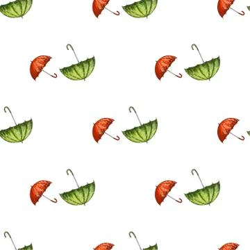 Vector seamless pattern with red and green hand drawn umbrellas. Stock Illustration