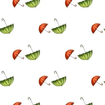 Vector seamless pattern with red and green hand drawn umbrellas. Stock Illustration