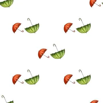Vector seamless pattern with red and green hand drawn umbrellas. Stock Illustration