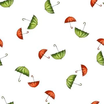 Vector seamless pattern with red and green hand drawn umbrellas. Stock Illustration
