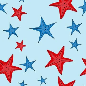 Vector seamless pattern with red and blue starfishes. Ilustración de archivo