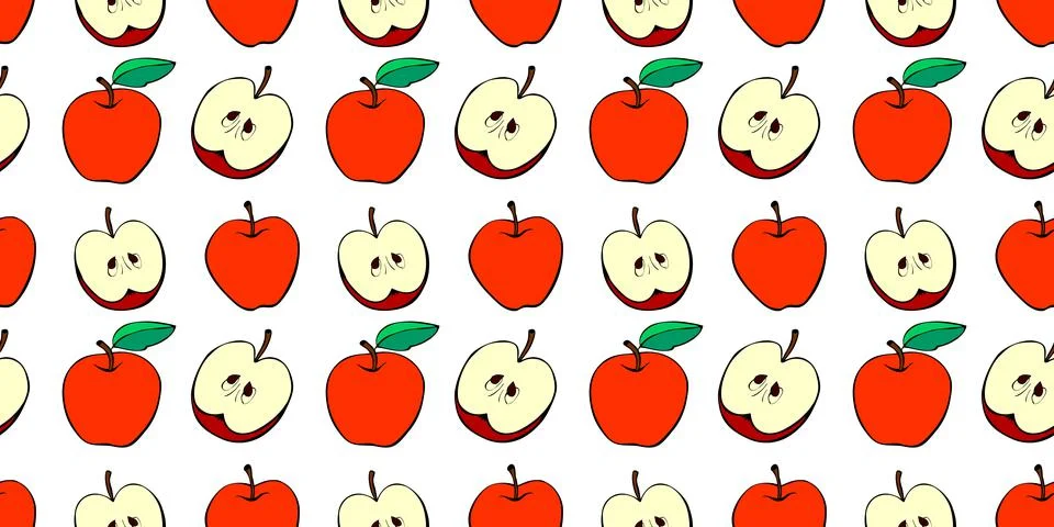 Vector seamless pattern with red apples. Bright fruit background and texture, 스톡 일러스트