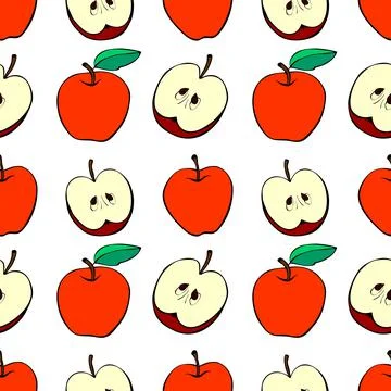 Vector seamless pattern with red apples. Bright fruit background and texture, 스톡 일러스트