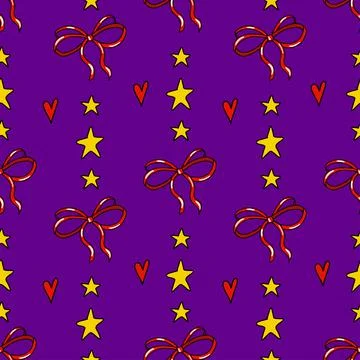 Vector seamless pattern with a red bow, stars, and hearts isolated on a violet Stockillustratie