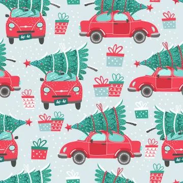 Vector seamless pattern with red car and Christmas tree. Christmas picture. Red イラスト素材