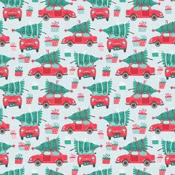 Vector seamless pattern with red car and Christmas tree. Christmas picture. Red Stock Illustration