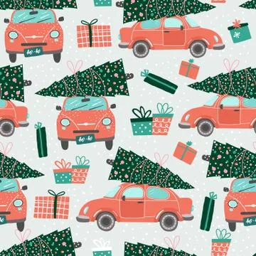 Vector seamless pattern with red car and Christmas tree. Christmas picture. Red Stock Illustration