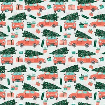 Vector seamless pattern with red car and Christmas tree. Christmas picture. Red Illustrazione stock