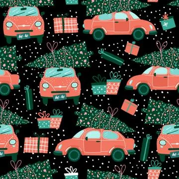Vector seamless pattern with red car and Christmas tree on black. Christmas Illustrazione stock