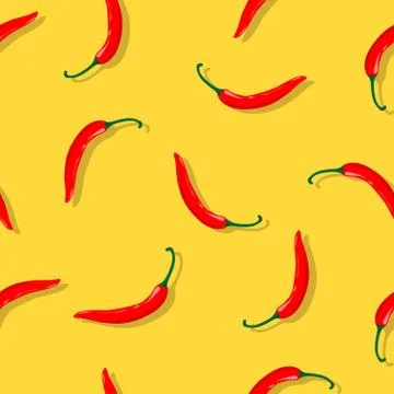 Vector seamless pattern with red chilli pepper on yellow background. Stockillustratie