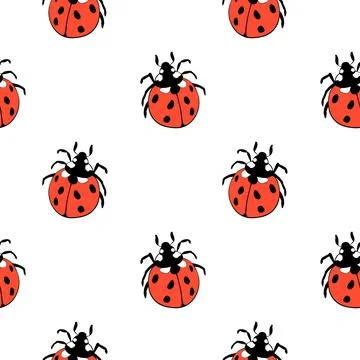 Vector seamless pattern of red cute ladybugs in doodle flat style. Background Stock Illustration