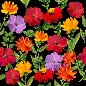 Vector seamless pattern of red flowers on black background Illustrazione stock