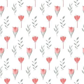 Vector seamless pattern with red flowers, green twigs with leaves, botanical  Stock Illustration