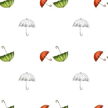 Vector seamless pattern with red, green and contoured hand drawn umbrellas. Stock Illustration