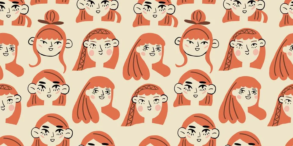 Vector seamless pattern with red hair girl portraits. Red hair women. Spring Illustrazione stock