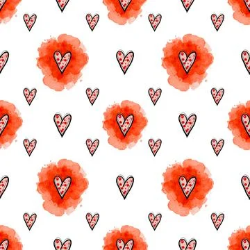 Vector seamless pattern with red hearts and red stain Stock Illustration
