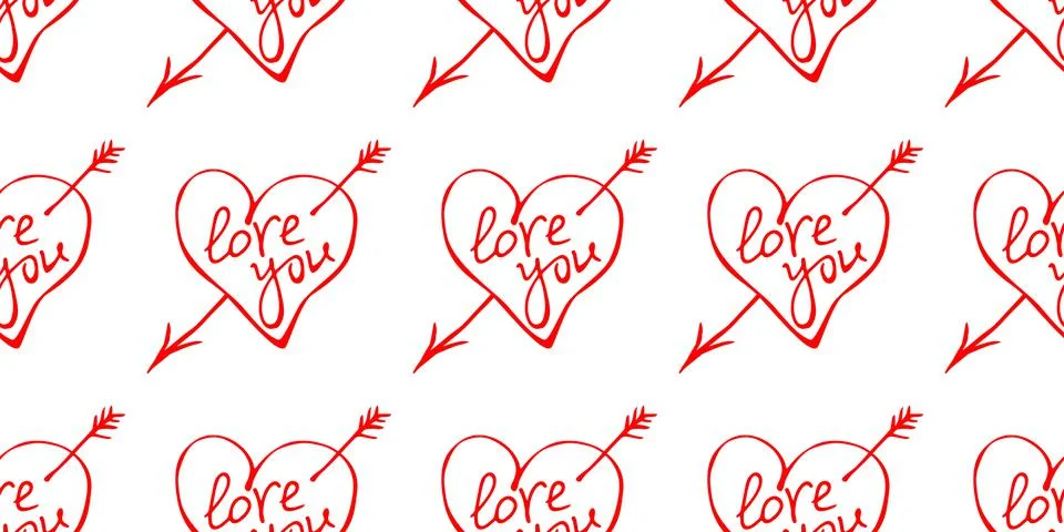 Vector seamless pattern of red hearts with an arrow and lettering love. Hand  Stock Illustration