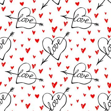 Vector seamless pattern of red hearts with an arrow and lettering love. Hand  Stockillustratie