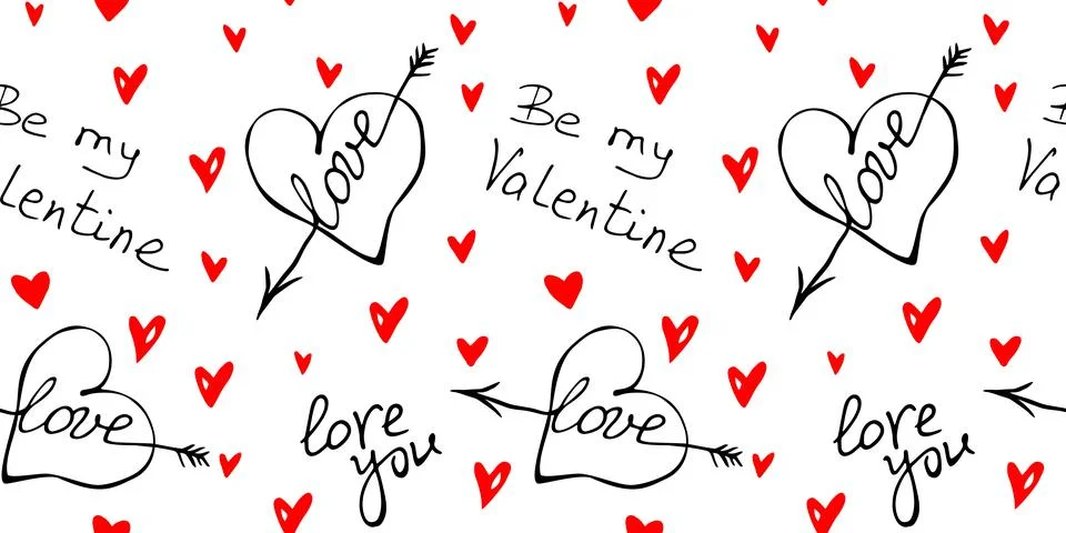 Vector seamless pattern of red hearts with an arrow and lettering of love the Stock Illustration