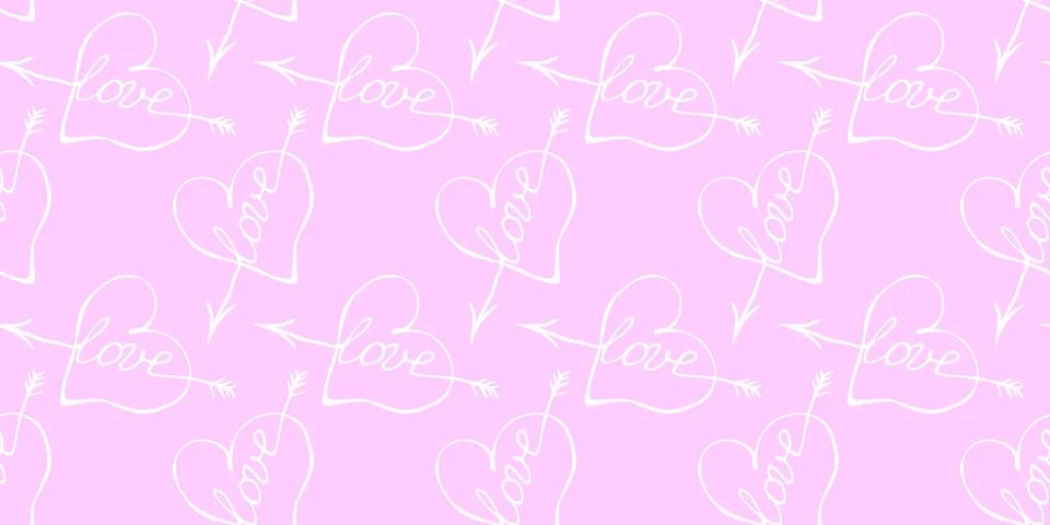Vector seamless pattern of red hearts with an arrow and lettering love. Hand  Stockillustratie
