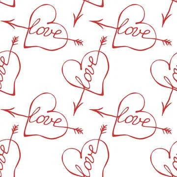 Vector seamless pattern of red hearts with an arrow and lettering love. Hand  Stock Illustration