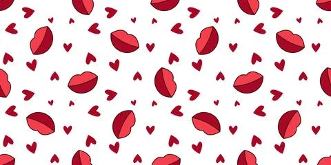 Vector seamless pattern with red lips and hearts Ilustración de archivo
