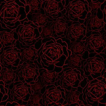 Vector seamless pattern with red rose flowers outline on the black background. Stock Illustration