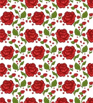 Vector seamless pattern with red roses branches on a white background. Stock Illustration