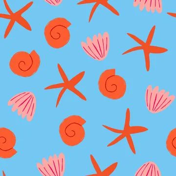 Vector seamless pattern with red seashells on light blue background. Simple Stock Illustration