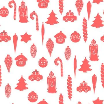 Vector seamless pattern with red silhouettes glass toys, decorations for xmas Stock Illustration