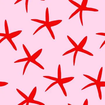 Vector seamless pattern with red starfish, sea stars on pink background. Simple Stock Illustration
