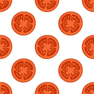 Vector Seamless Pattern with Red Tomato Slices on White Background. Tomato Illustrazione stock
