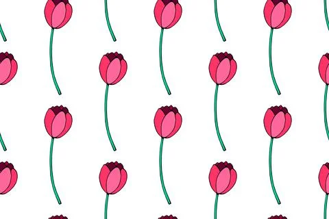 Vector seamless pattern with red tulip flowers. Hand drawn doodle spring text Stock Illustration