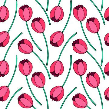 Vector seamless pattern with red tulip flowers. Hand drawn doodle spring text 스톡 일러스트
