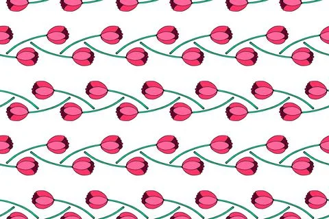 Vector seamless pattern with red tulip flowers. Hand drawn doodle spring text Illustrazione stock