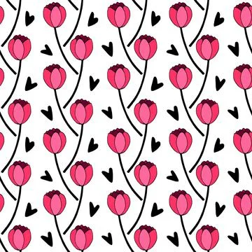 Vector seamless pattern with red tulip flowers and hearts. Hand drawn doodle  Stock Illustration