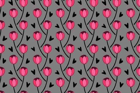 Vector seamless pattern with red tulip flowers and hearts. Hand drawn doodle  Stockillustratie
