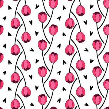 Vector seamless pattern with red tulip flowers and hearts. Hand drawn doodle  Illustrazione stock